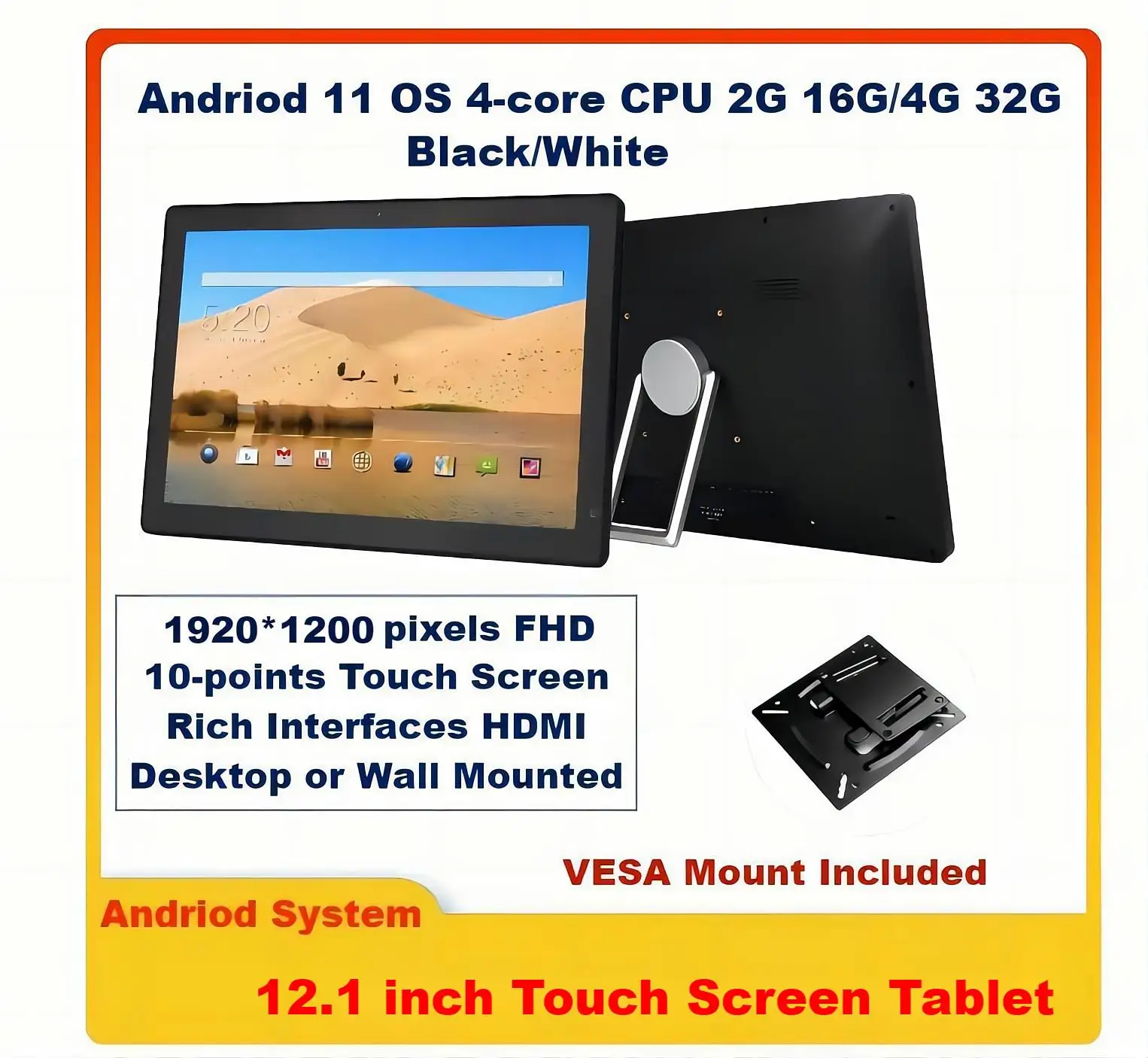 

12.1" Tablet Touch screen Monitor, Android All-in-One PC, 1920*1200P Built-in Speakers and Camera, WiFi & BT, RK3566 4G32G