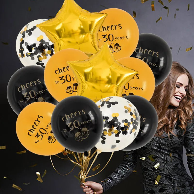 

1set 12inch Black Gold Paper Sequins Latex Balloon Combination Set Happy Birthday Party Decor Adult Kids 18 30 40 50 60 Year Old