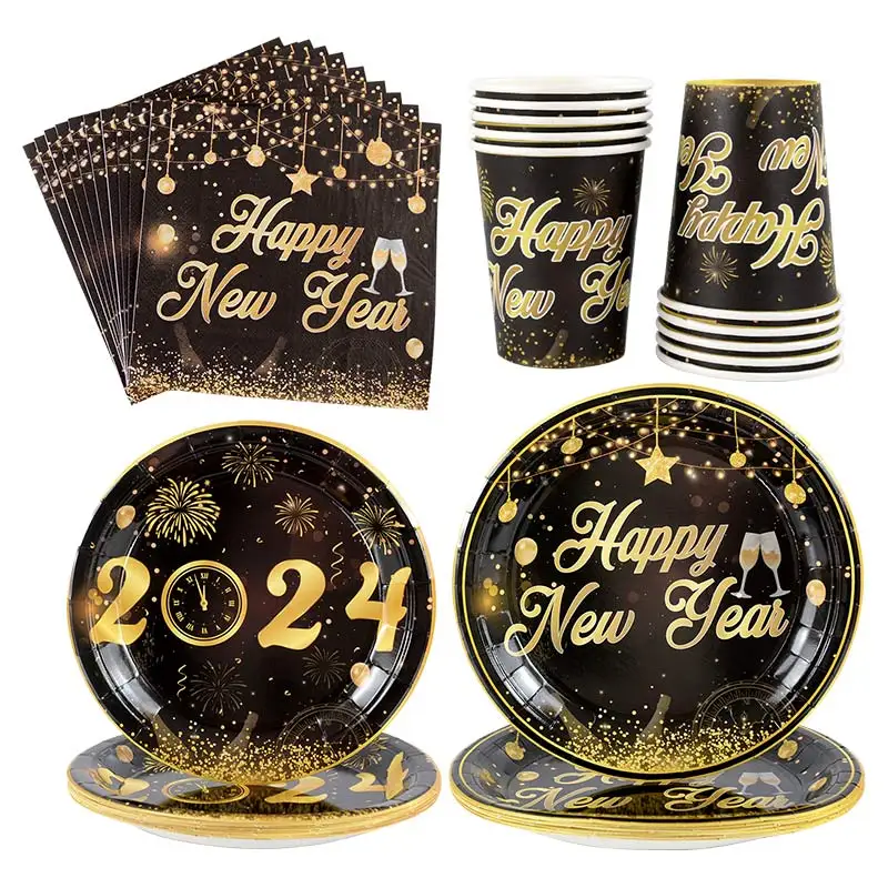 

2024 Happy New Year Disposable Tableware Black Gold Paper Cups Plates Napkin Rectangle Tablecloth New Years Eve Party Decoration