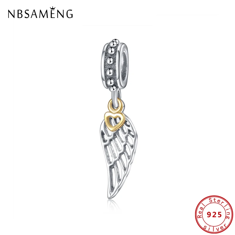 

Original 100% 925 Sterling Silver Charm Angel Wing Gold Heart Pendant Beads Charms Fit Pandora Bracelets Women Diy Jewelry