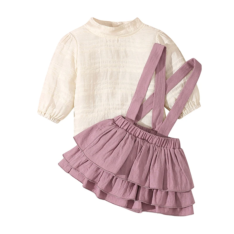 

Infant Girl 2Pcs Outfit Solid Jacquard Long Sleeve Mock Neck Tops Ruffled Suspender Shorts