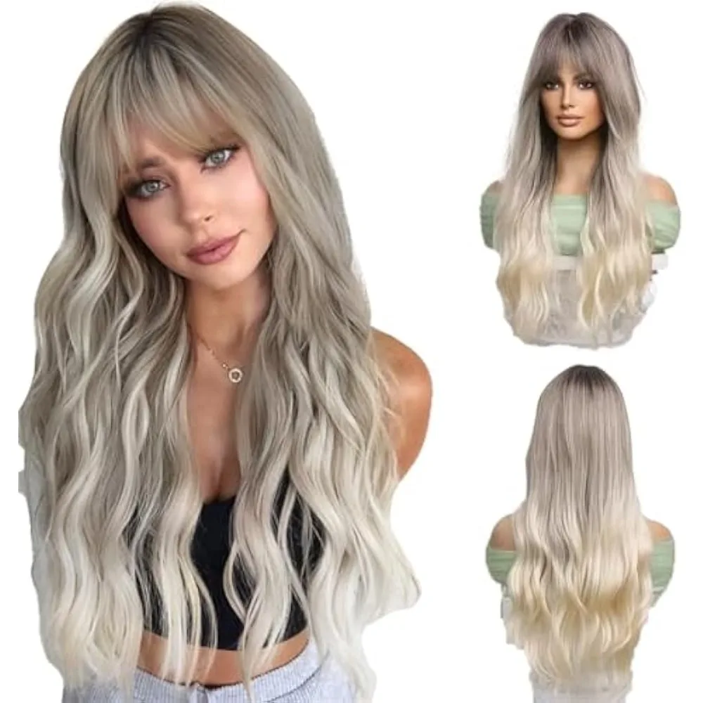 

Blonde Wig for Women Long Ombre Gray to Platinum Wavy Curly Synthetic Wigs with Bangs Natural Brown Roots Heat Resistant Fiber