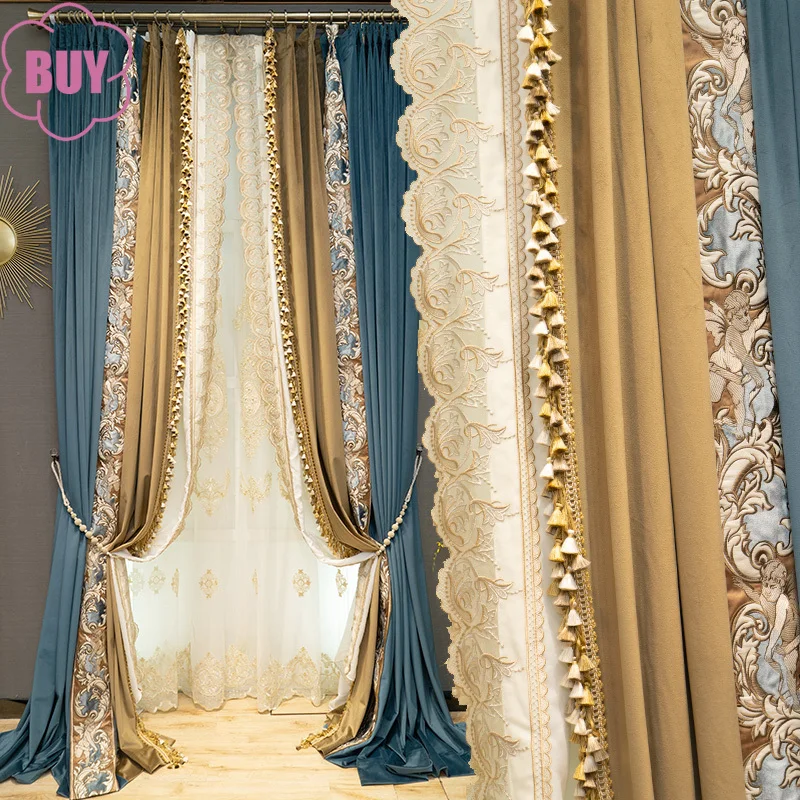 French High-end Blue Velvet Patched Curtains for Villa Living Room Bedroom French Window Custom Embroidered Window Screen 
French High-end Blue Velvet Patched Curtains for Villa Living Room Bedroom French Window Custom Embroidered Window Screen