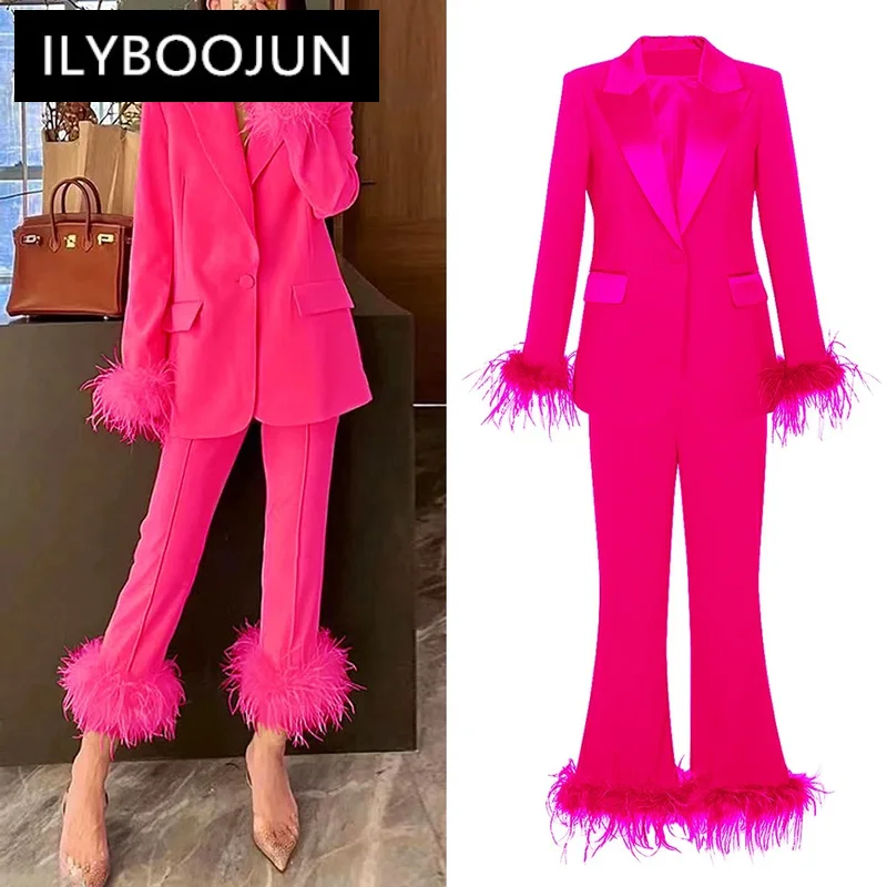 

2024 Spring And Autumn New European And American Internet Celebrity Ostrich Feather Suit Temperament Dress Women's Pants Set