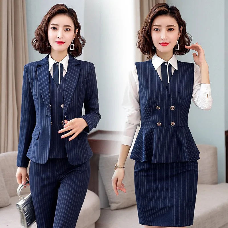 

828 Suit Vest Business Wear Striped Blue Suit Fashion Goddess Hotel Beautician Work Clothes