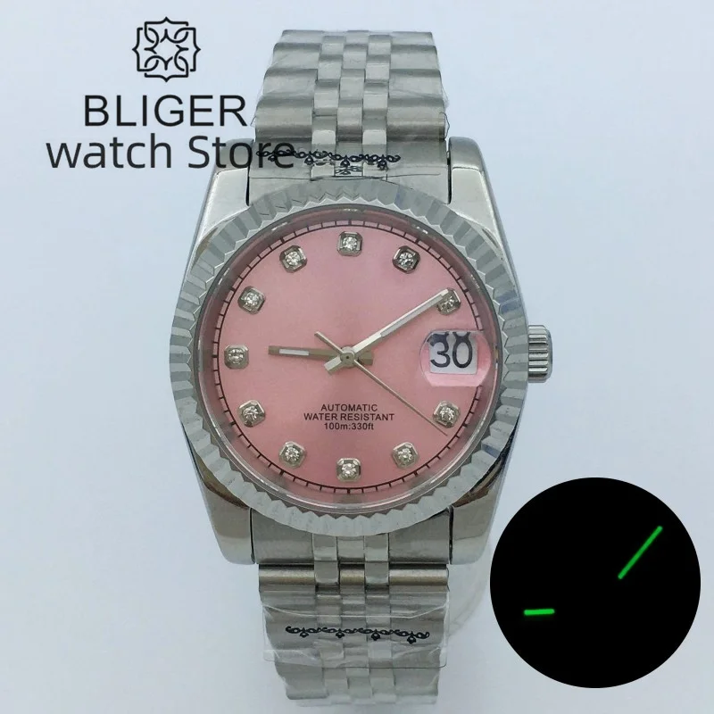 

BLIGER 36MM 39MM Automatic Watch NH35A Movement Pink Dial Diamond Index Fluted Bezel Sapphire Glass President/Jubilee Bracelet