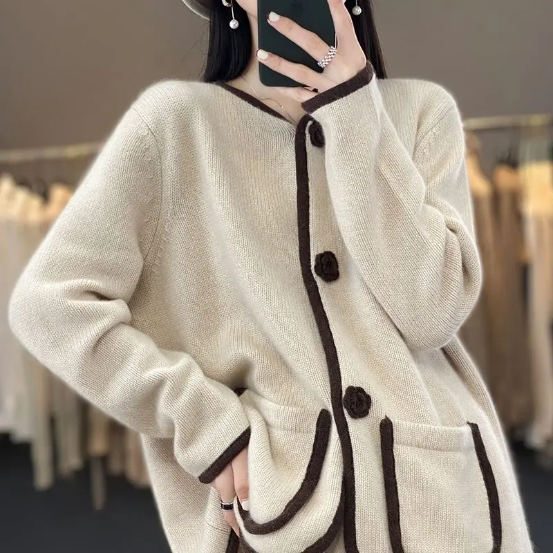 

Wowen Fashion Coat Patchwork Knitted Korean Loose 2023 New Autumn Winter Casual Cardigans Long Sleeve Thicken Outwear M56