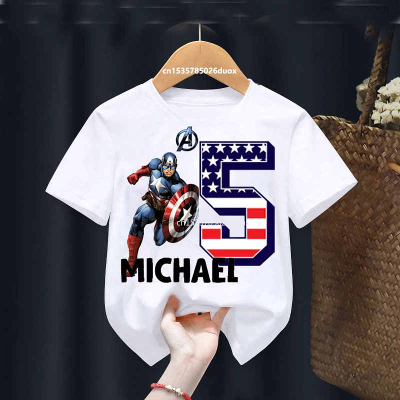 

Summer 2024 Captain America Birthday Personalize Name Boy Shirt 2 3 4 5 6 7 8 9 Marvel Birthday Girl White Short Sleeve T-Shirt