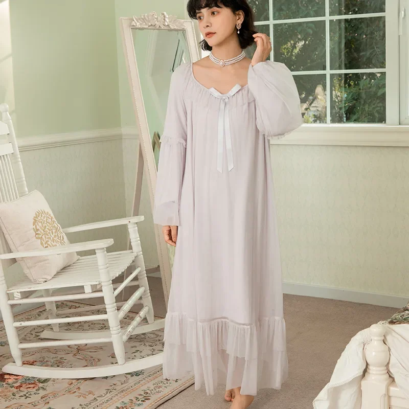 

Fairy Night Dress Princess Sleepwear Women Autumn Winter Mesh Lace Peignoir Romantic Nightgown Victorian Vintage Long Robe Retro