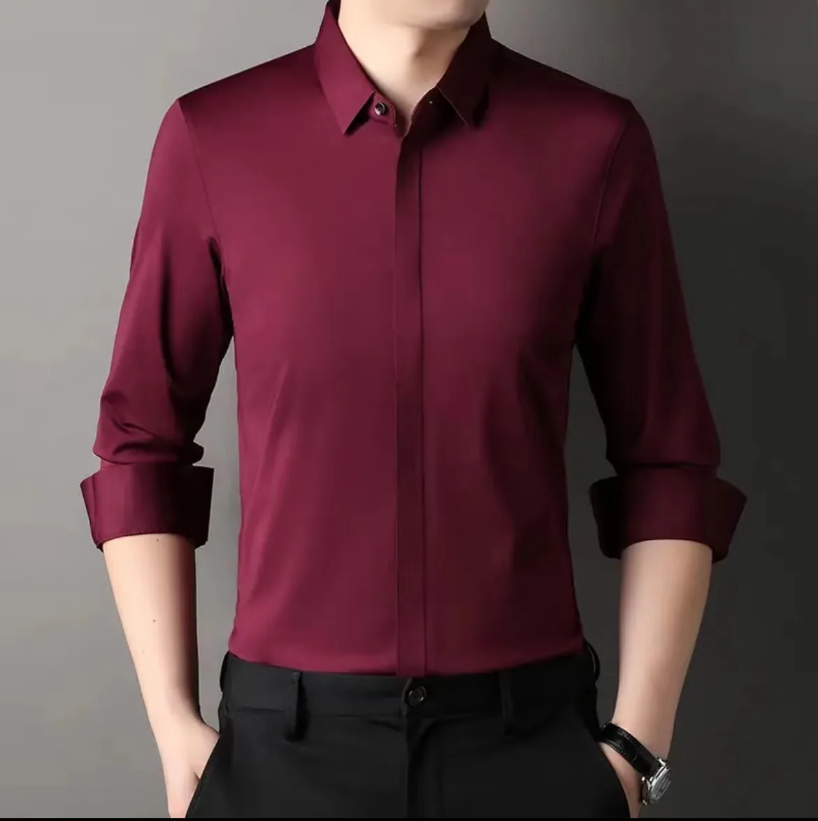 

New men's long sleeved concealed placket shirt, business seamless, wrinkle resistant, non ironing, high elasticity