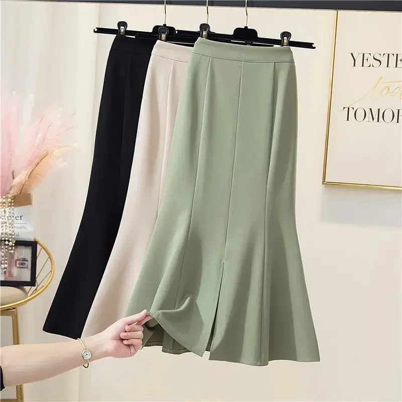 

Fishtail Solid Skirt for Women Spring Autumn New High Waist Slim Mid-Length Slit Sheath Black Long Skirt Women Suit Fabrics P526