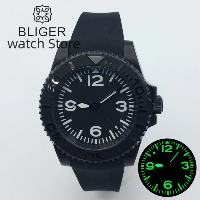 

BLIGER 40mm NH35 PT5000 Miyota Movement Automatic Watch PVD Black Case 369 Black dial AR Sapphire Glass rubber/Oyster bracelet