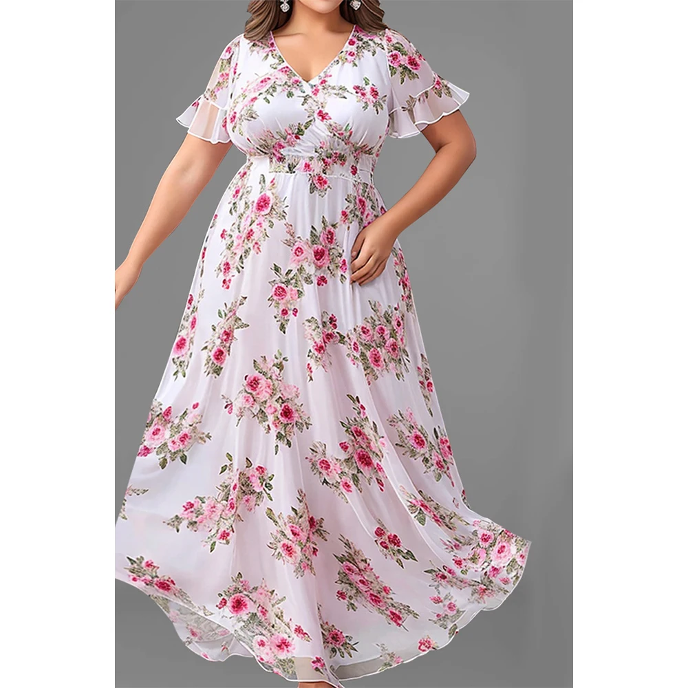 

Plus Size Casual Pink Chiffon Floral Print Ruffle Sleeve V Neck Tunic Maxi Dress