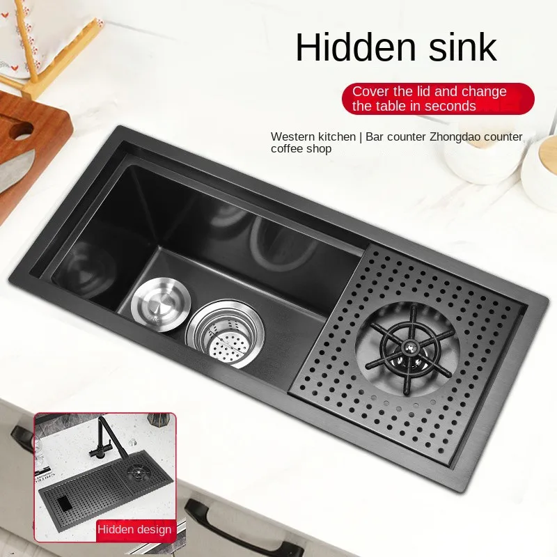 

Hidden Sink Nano 304 Stainless Steel Kitchen Sink Single Bowl Bar Small Size Balcony Concealed Black With Cover Cup Washer