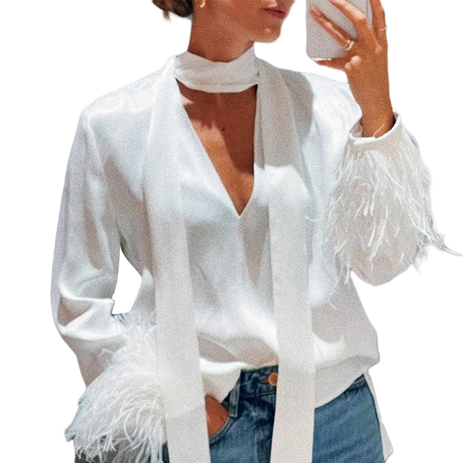 Ladies Fashion Long Sleeve Feather Blouse Shirt Women Solid Color V Neck Solid Color Casual Tops with Scarf
Ladies Fashion Long Sleeve Feather Blouse Shirt Women Solid Color V Neck Solid Color Casual Tops with Scarf