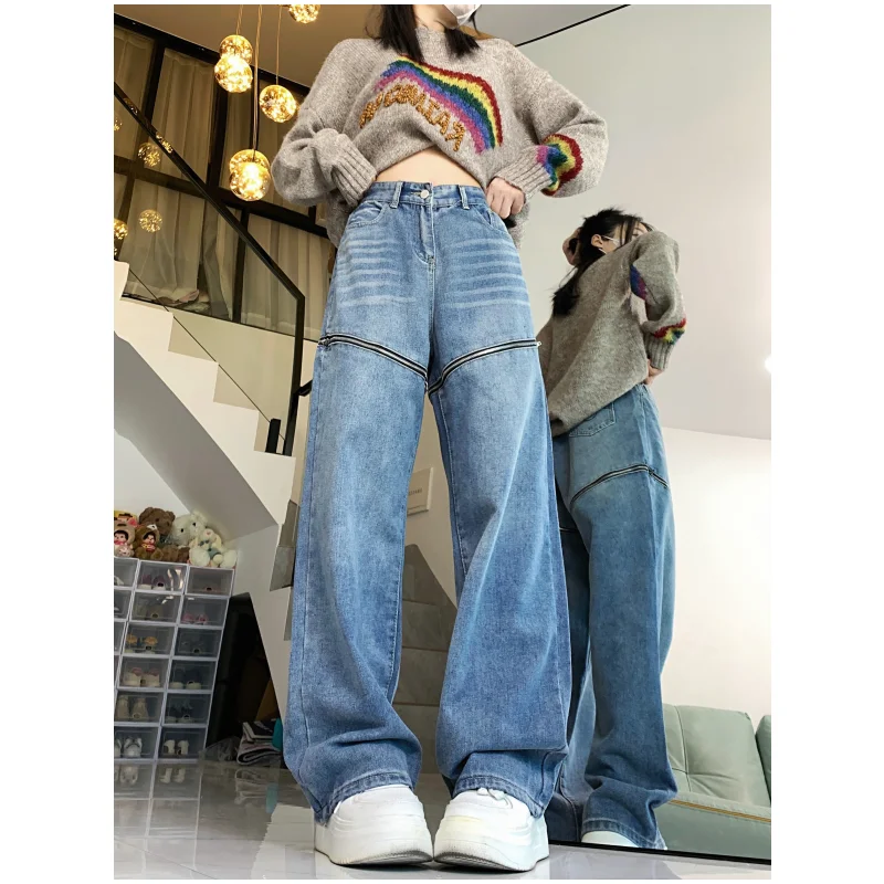 

High Waisted Blue Women's Jeans Fashion Streetwear Spliced Vintage Baggy Straight 2024 Y2K Style Denim Trouser Wide Leg Pants