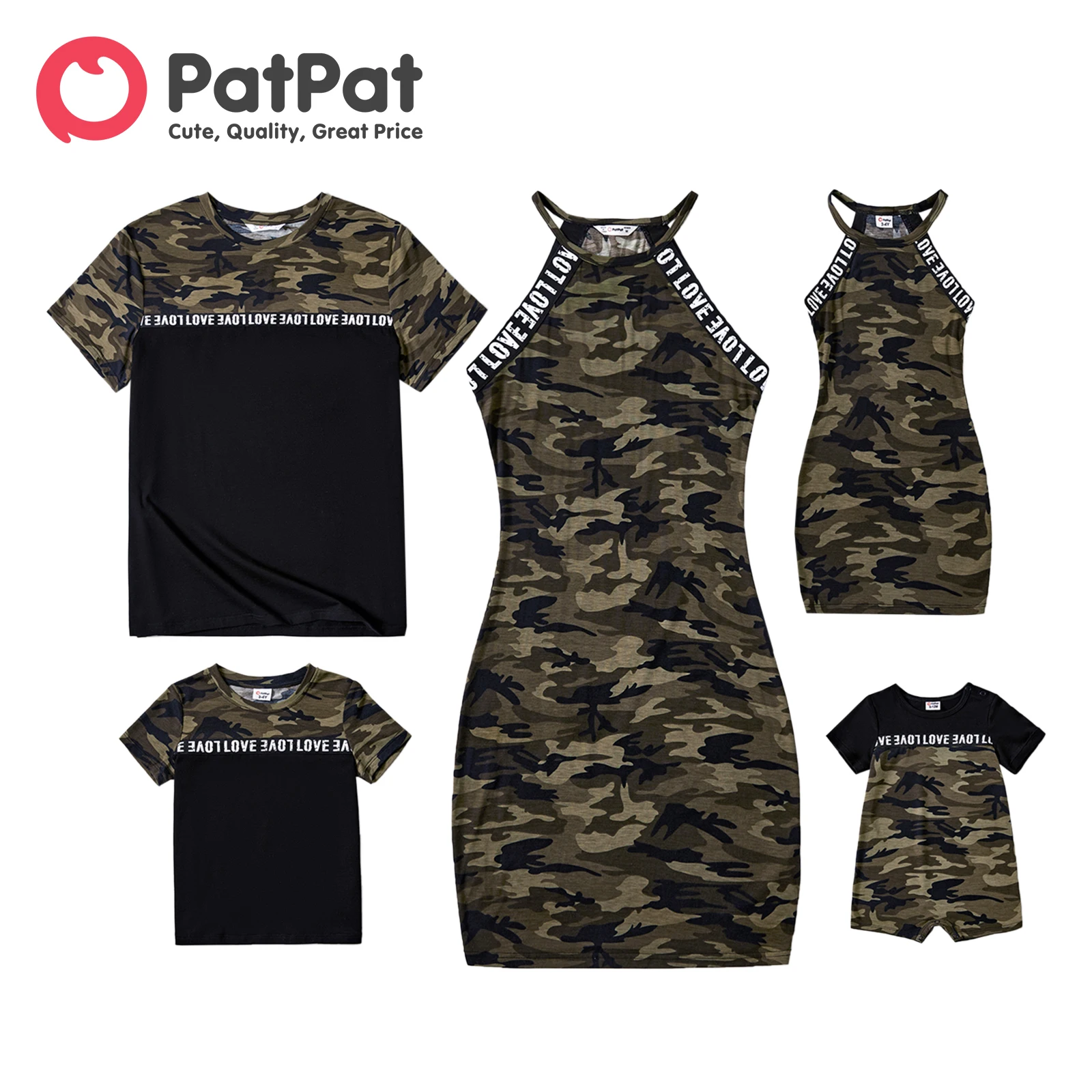 

PatPat Family Matching Outfits Letter Design Halter Neck Sleeveless Bodycon Dresses and Cotton Short-sleeve Spliced T-shirts Set