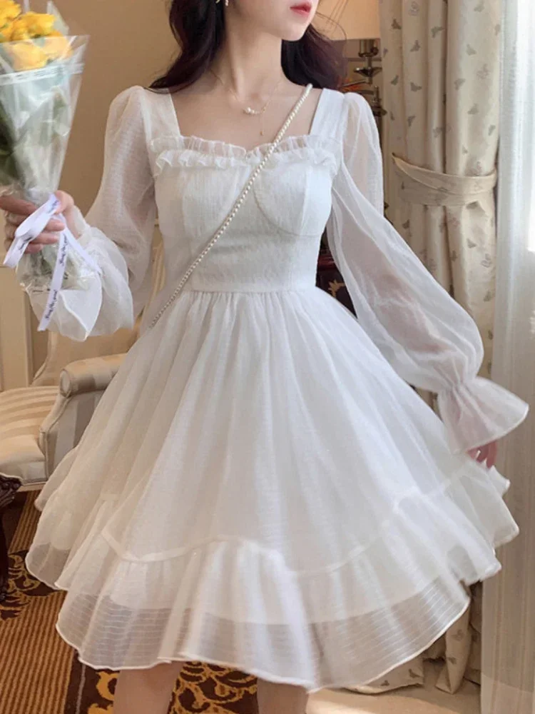 

HOUZHOU White Kawaii Dress Women Chiffon Lolita Style Long Sleeve Mini Dresses Bow Fairy Robe Ruffles Patchwork Square Collar