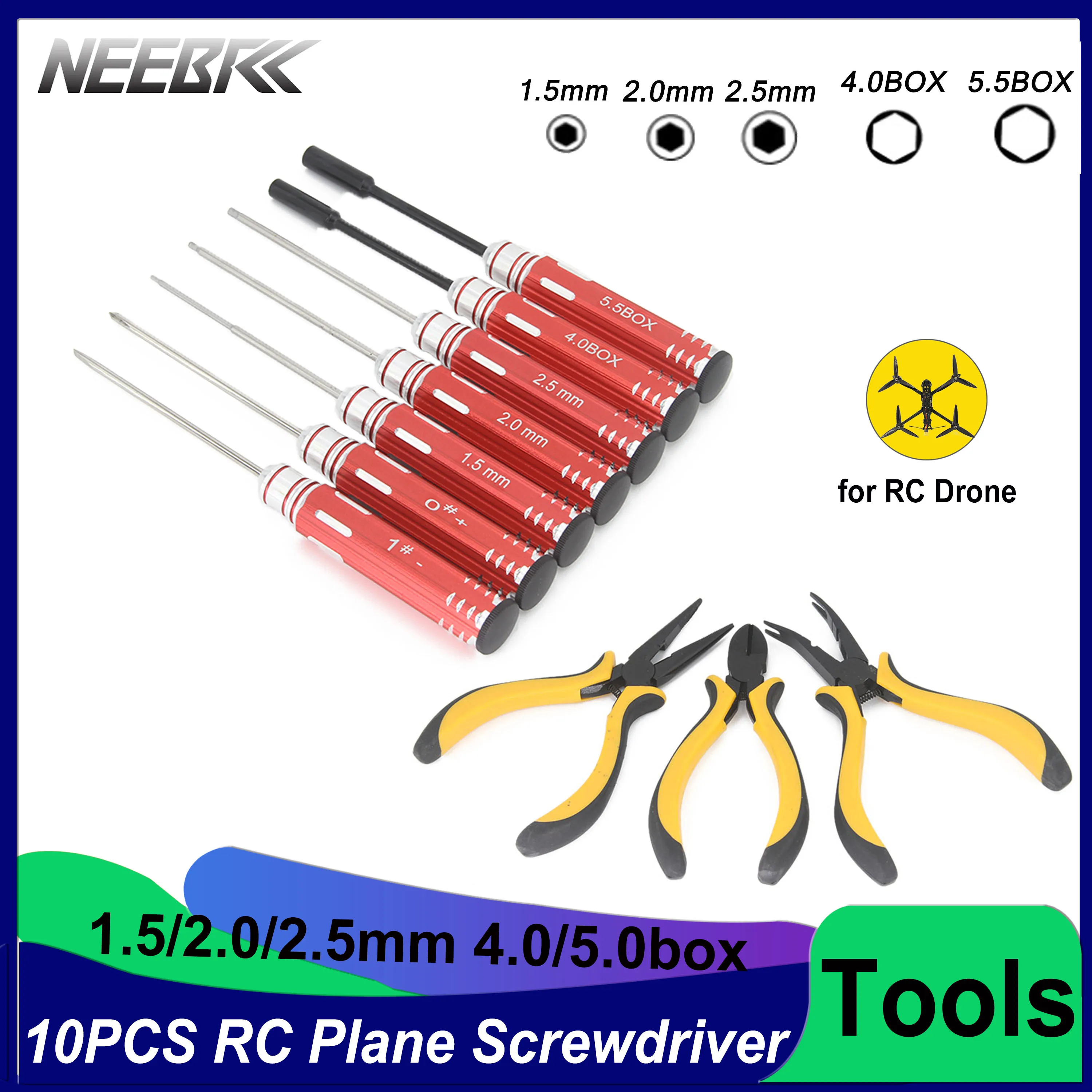 10PCS Hex Screwdriver Set 1.5 2.0 2.5 4.0BOX 5.5BOX Tongs Metal Tool Kit Common for RC Plane FPV Racing Drone Quacopter DIY
10PCS Hex Screwdriver Set 1.5 2.0 2.5 4.0BOX 5.5BOX Tongs Metal Tool Kit Common for RC Plane FPV Racing Drone Quacopter DIY