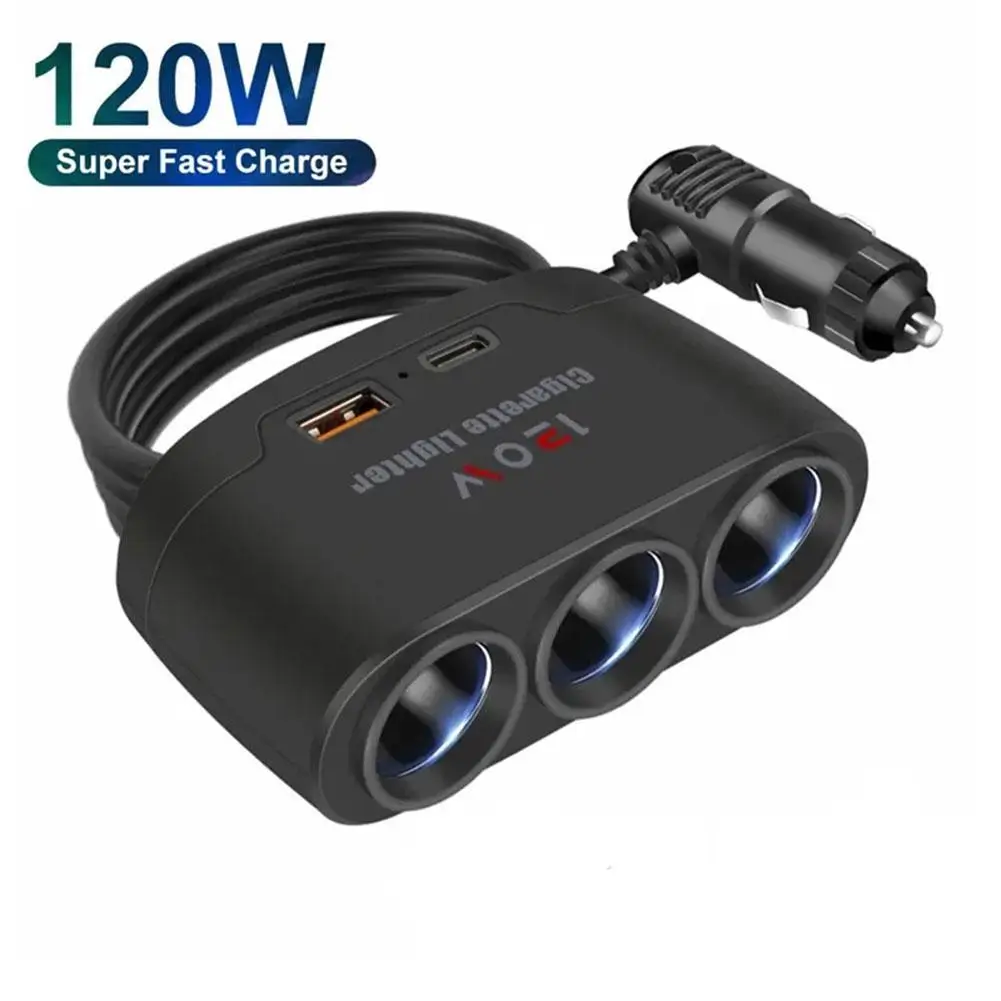 

120W 3 In 1 Dual USB Socket Car Charger Cigarette Lighter Splitter 12V24V Fast Charger Adapter Plug For Car DVR GPS Dashcam