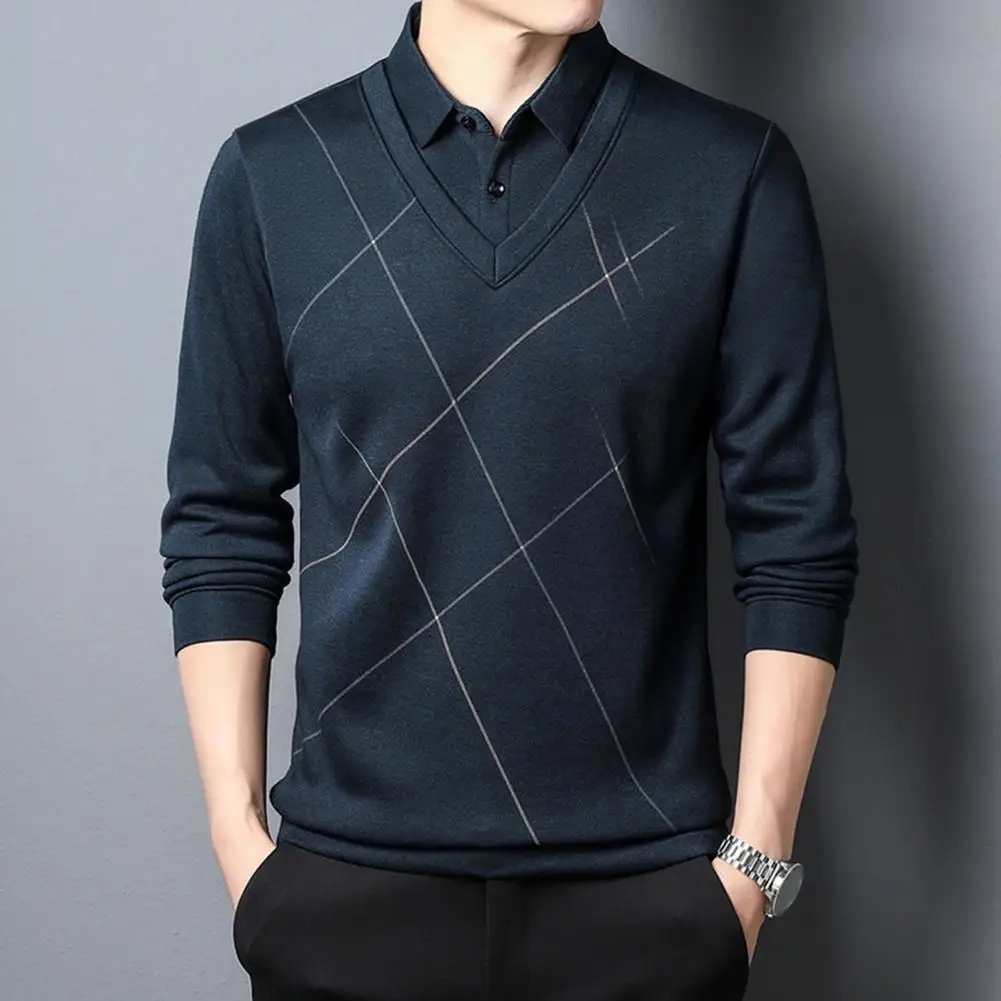 

Теплая рубашка в деловом стиле, мужской пуловер с имитацией двух предметов, однотонный плотный теплый пуловер с отложным воротником и принтом для зимы