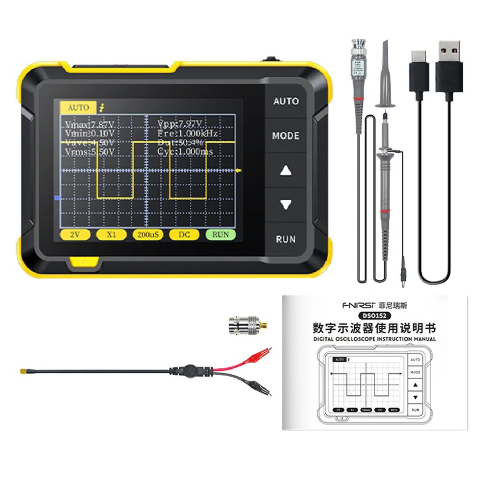 DSO 152 Digital Beginner Oscilloscope Automatic Adjustment Charging Light Small Handheld Oscilloscope Digital Device Part Set
DSO 152 Digital Beginner Oscilloscope Automatic Adjustment Charging Light Small Handheld Oscilloscope Digital Device Part Set