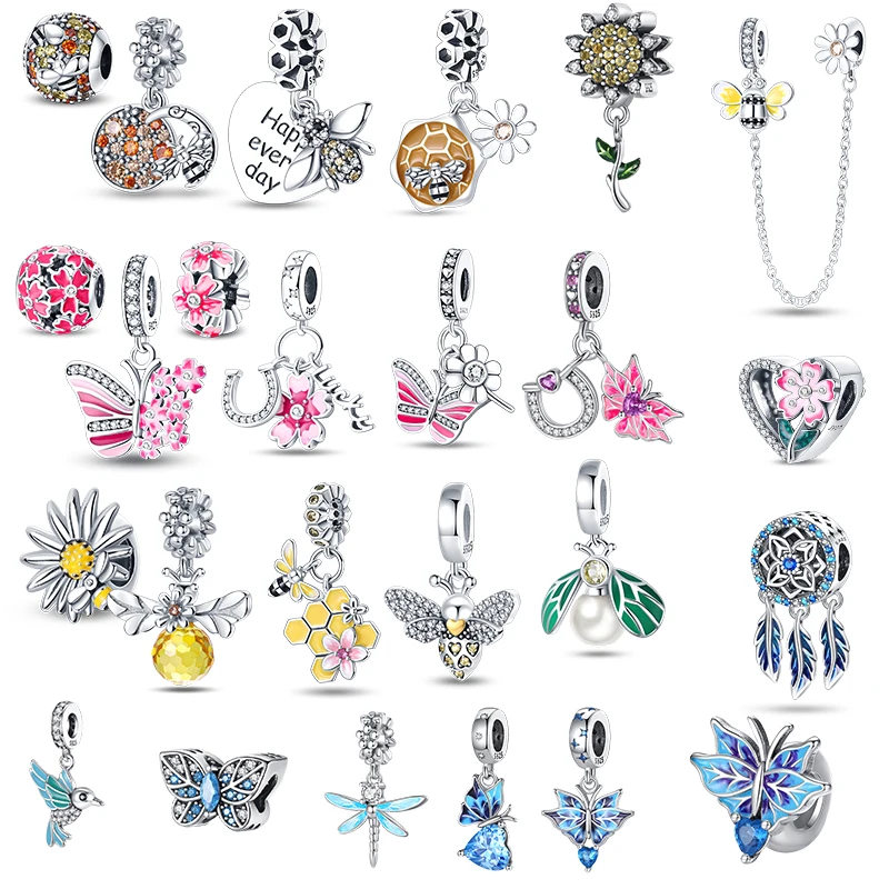

Fit Pandora Bracelet Charms 925 Sterling Silver Pink Blue Pansy Flower Charms Butterfly Tulip flamingos Pendants 2023 Spring New