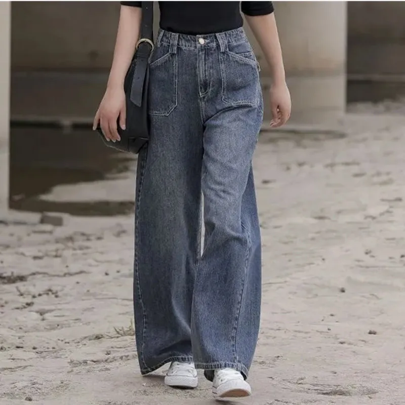 

Брюки женские прямые из денима с широкими штанинами, Свободные повседневные драпированные прямые штаны с завышенной талией, весна 2024
