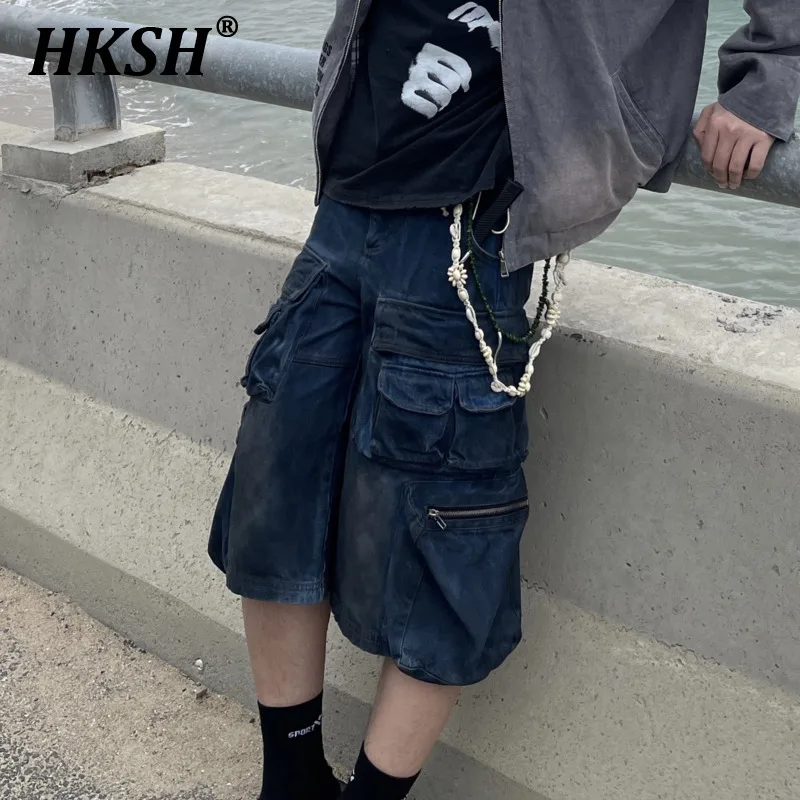 

Мужские стильные джинсовые шорты HKSH в стиле панк, с грязным покрытием, для тяжелой промышленности, стиль сафари, тактические, с несколькими карманами, HK1324, для лета и весны