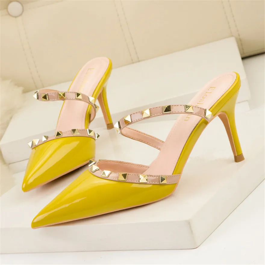 

Fashion Rivet Slip On Women Slippers New Summer Pointy Toe High Heels Shoes Party Patent Leather Hollow Sexy Female Sandal Dress