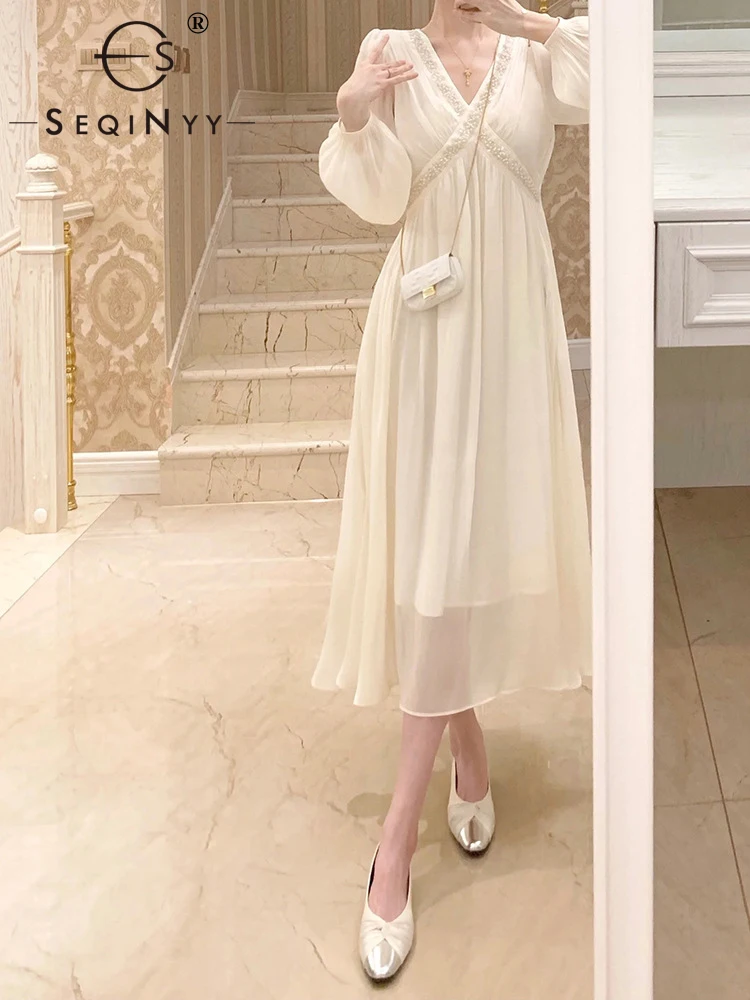 SEQINYY White Midi Dress Summer Spring New Fashion Design Women Runway High Street Beading V-Neck A-Line Casual Holiday
SEQINYY White Midi Dress Summer Spring New Fashion Design Women Runway High Street Beading V-Neck A-Line Casual Holiday