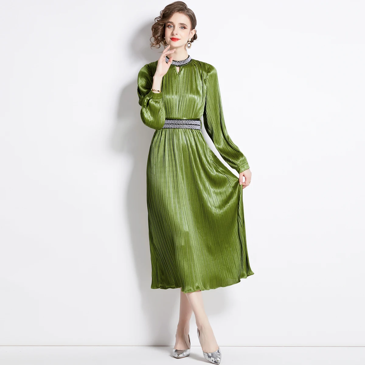 

2024 Fashion Designer Pleated Dress Women's Beading Stand Collar Lantern Sleeve Lace Up Belt Evening Party Robe Vestidos