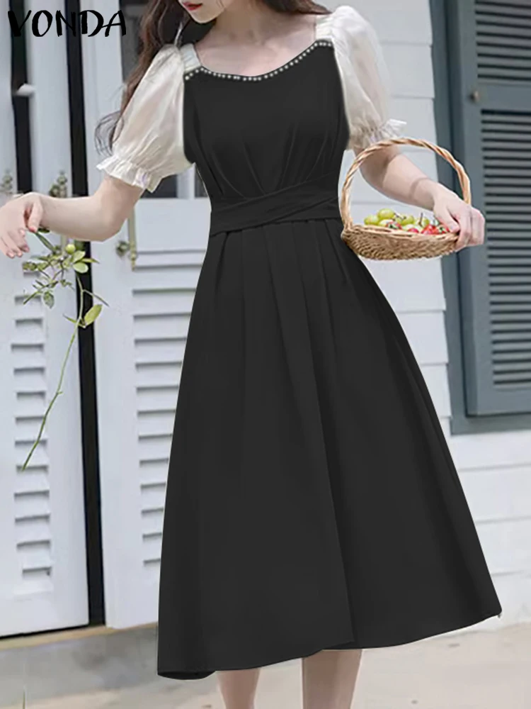 

2023 летнее элегантное кружевное платье VONDA с коротким рукавом, женское сексуальное платье средней длины составного кроя с квадратным вырезом и жемчугом, плиссированное платье