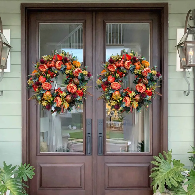 

2022 Thanksgiving Wreath for Halloween Autumn Harvest Maple Pumpkin Rattan Garland Front Door Window Hanging Home Decoration