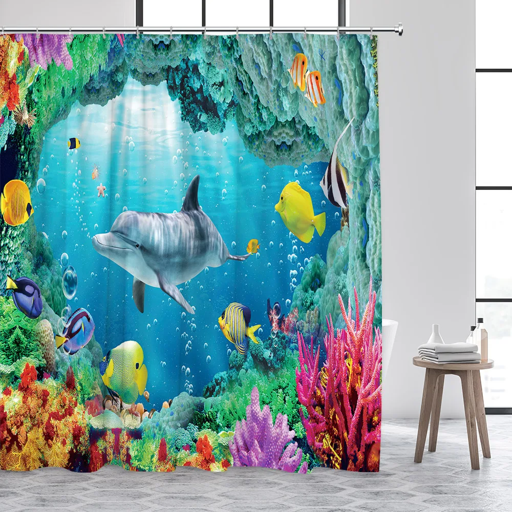 

Dolphin Shower Curtains Underwater Cave Tropical Fish Coral Ocean Scenery Kids Bath Curtain Cloth Home Bathroom Decor with Hooks