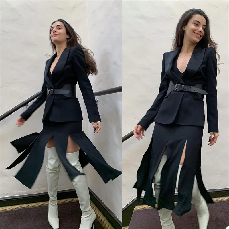 Black Women Suits Skirt Office Sets 2 Pcs Business Custom Made Blazer With Belt+Spllit Skirt Formal Designer Evening Prom Dress
Black Women Suits Skirt Office Sets 2 Pcs Business Custom Made Blazer With Belt+Spllit Skirt Formal Designer Evening Prom Dress