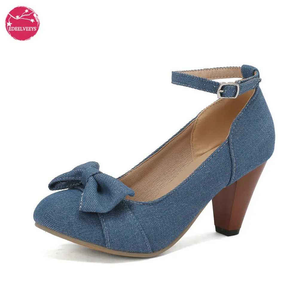 

Womens Denim High Heels Bowknot Spike Heel Ankle Strap Lolita Party Dress Pumps Shoes Round Toe Plus Size 34-48 Drop Shipping