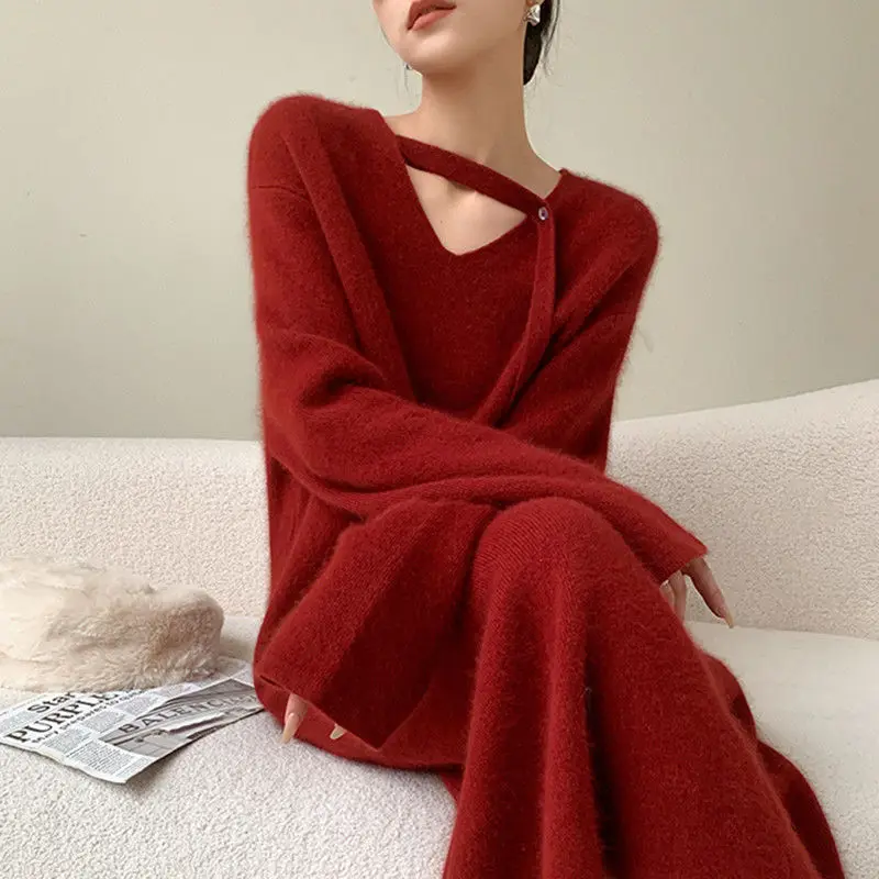Knitted Sweater Women's Dress 2023 Autumn and Winter New Pullover V-Neck Loose Solid Lace Long Bottom Skirt B807
Knitted Sweater Women's Dress 2023 Autumn and Winter New Pullover V-Neck Loose Solid Lace Long Bottom Skirt B807