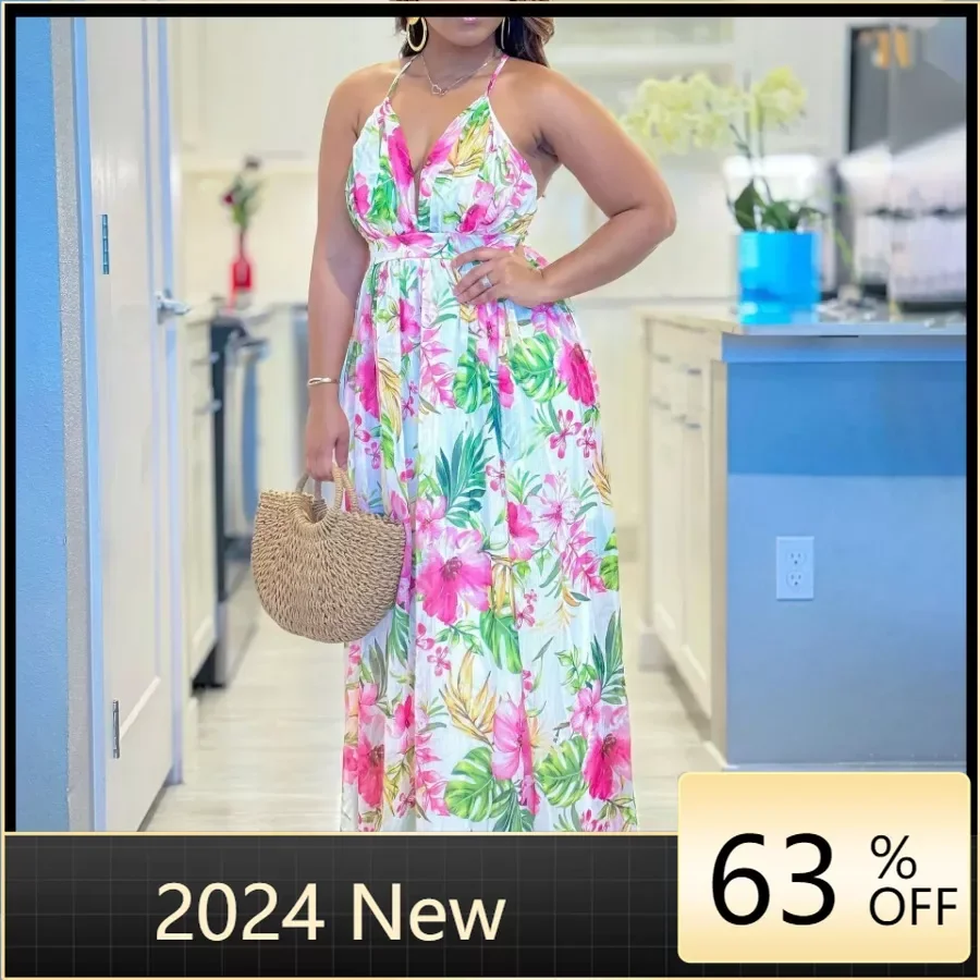 

Vintage Tropical Print O-Ring Twist Slit Thigh Maxi Dress Women 20224 Summer Fashion New Sexy Cutout Short Sleeve Long Dresses