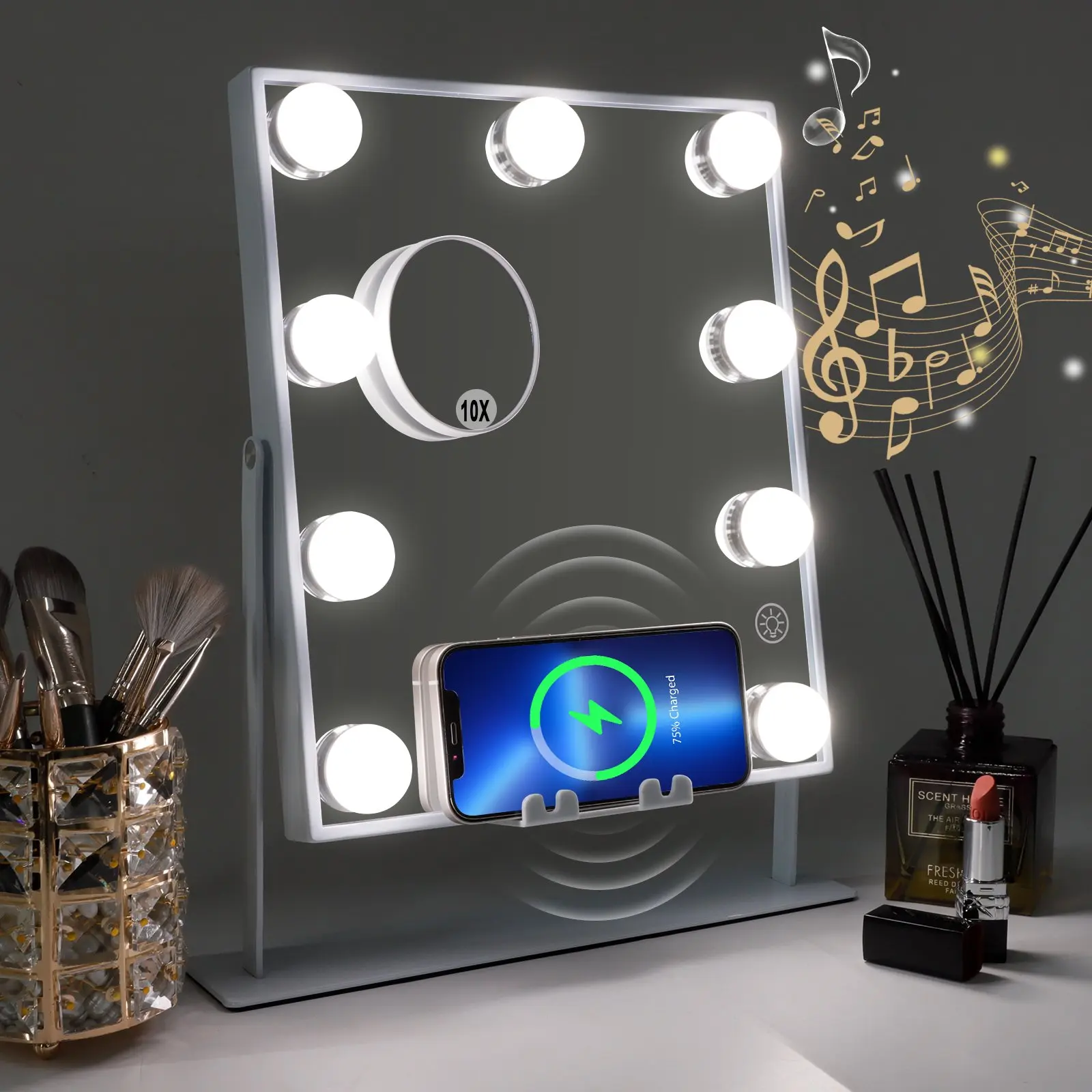 

Lighted Vanity Mirror with Bluetooth and Wireless Charging Makeup Lights 9 Dimmable Bulbs 3 Color Lighting Tabletop (Whi