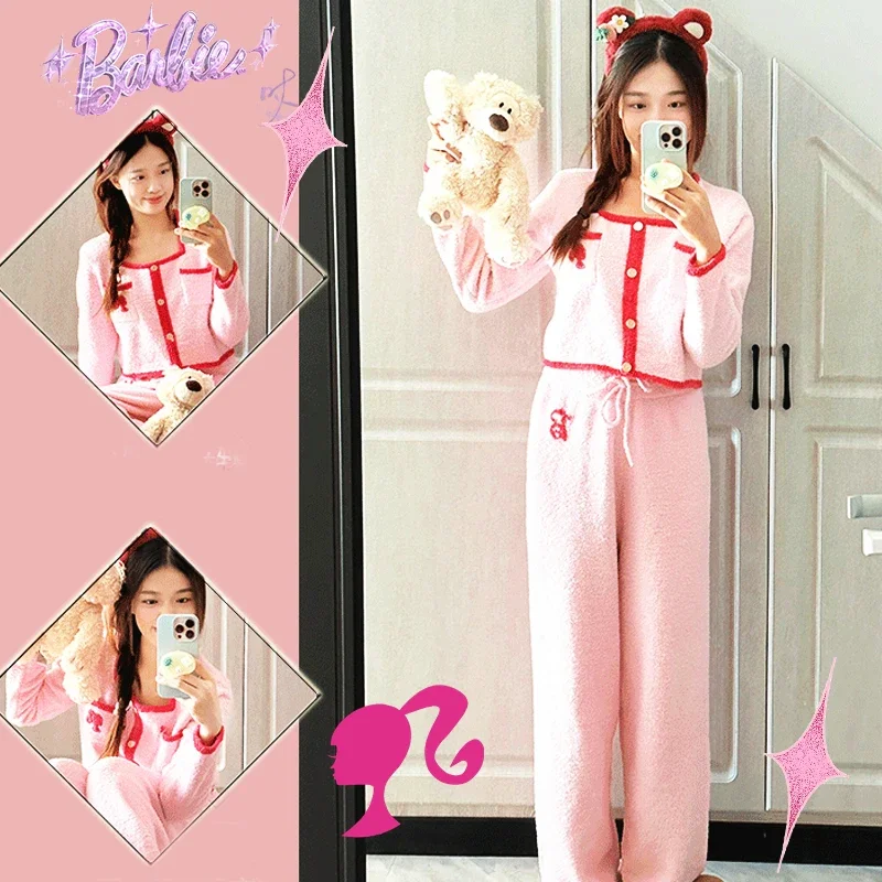 

New Barbie Plush Pajamas Kawaii 2Pcs Set Warming Soft Trendy Movie Nightgown Pants Y2K Style Stylish Home Girls Gift Lovely Cute