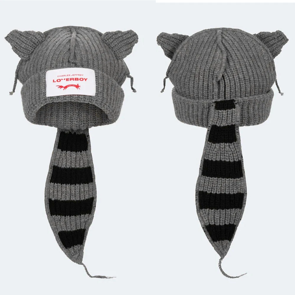 

KPOP Stray Kids Same Style Cat Ear Striped Knit Hat Lover Boy Cute Fox Tail Beanies Unisex Spliced Wool Cap Fans Gifts