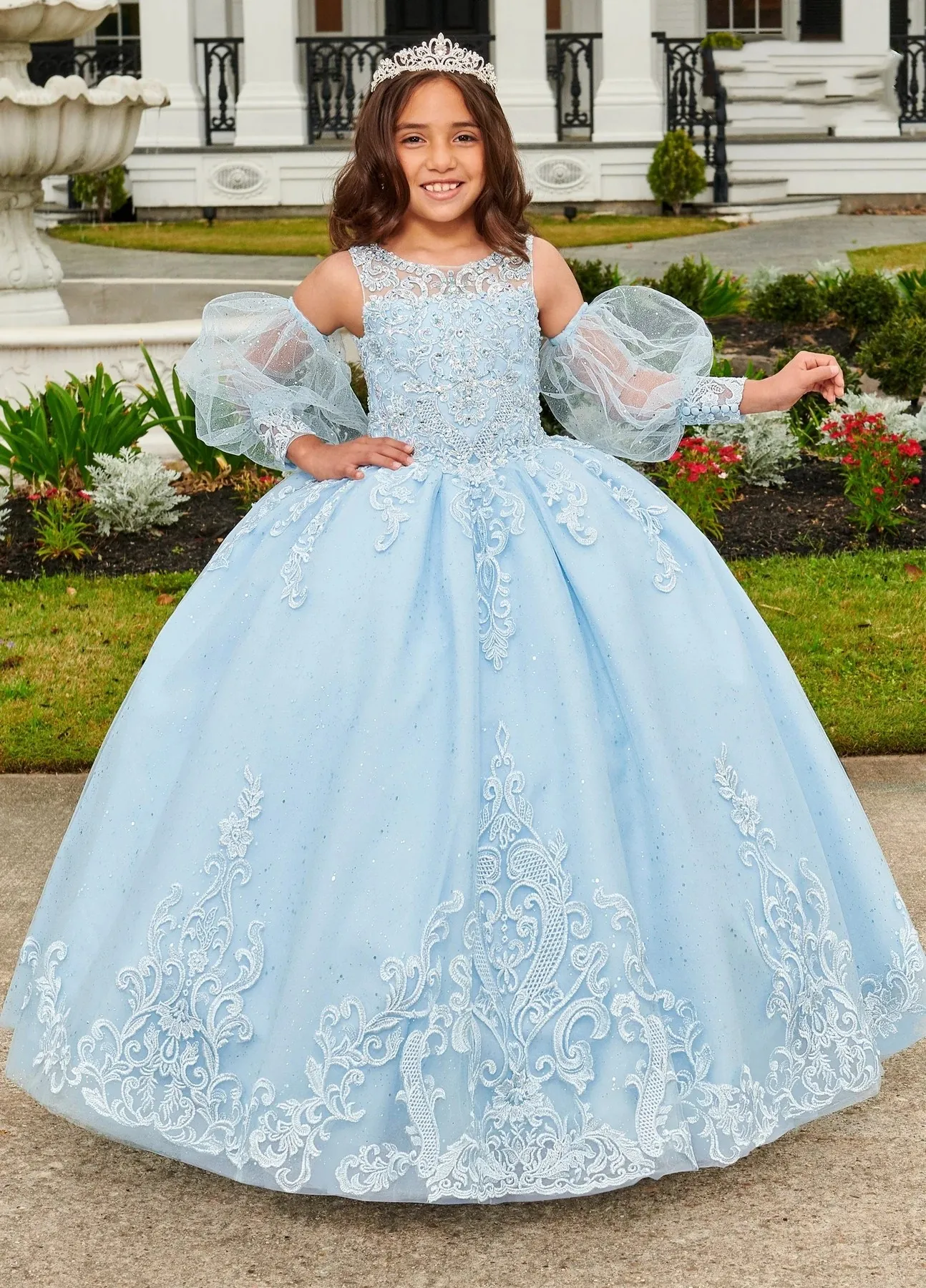 

Sky Blue Mini Quinceanera Dresses Ball Gown Scoop Tulle Appliques Flower Girl Dresses For Weddings Mexican Pageant Dresses Baby