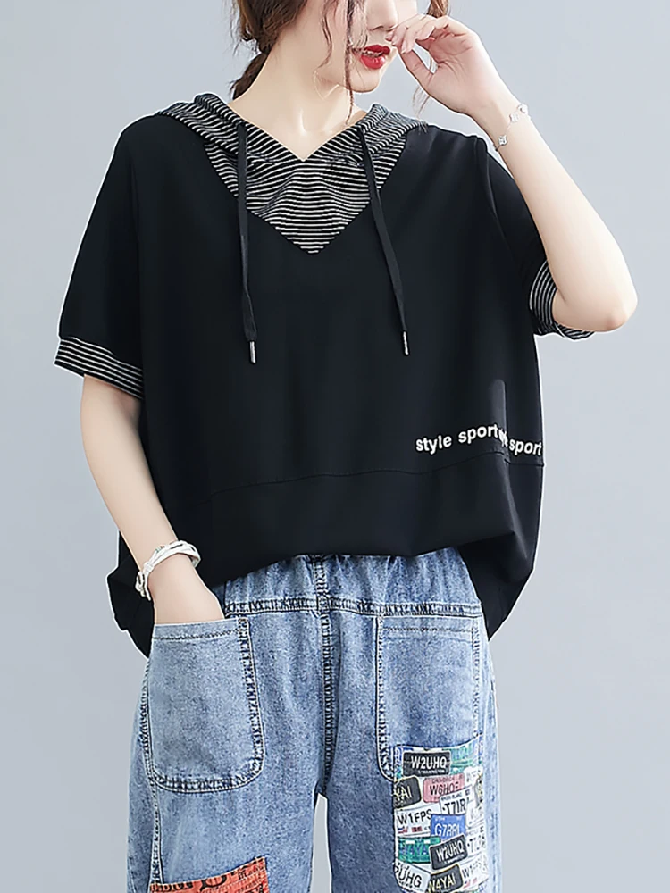 

Women T-Shirt Hooded Korean Style Casual Fashion Elegant Patchwork Short Sleeve Loose Oversize Striped Printing Letter Tees Top