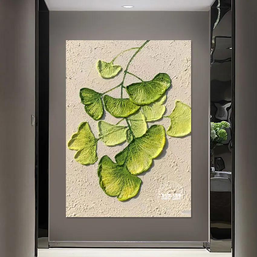 

Easy Canvas Artwork No Framed Plant Abstract Picture Wall Painting Green Acrylic Ginkgo Leaf Art Design Drawing Decoration Items