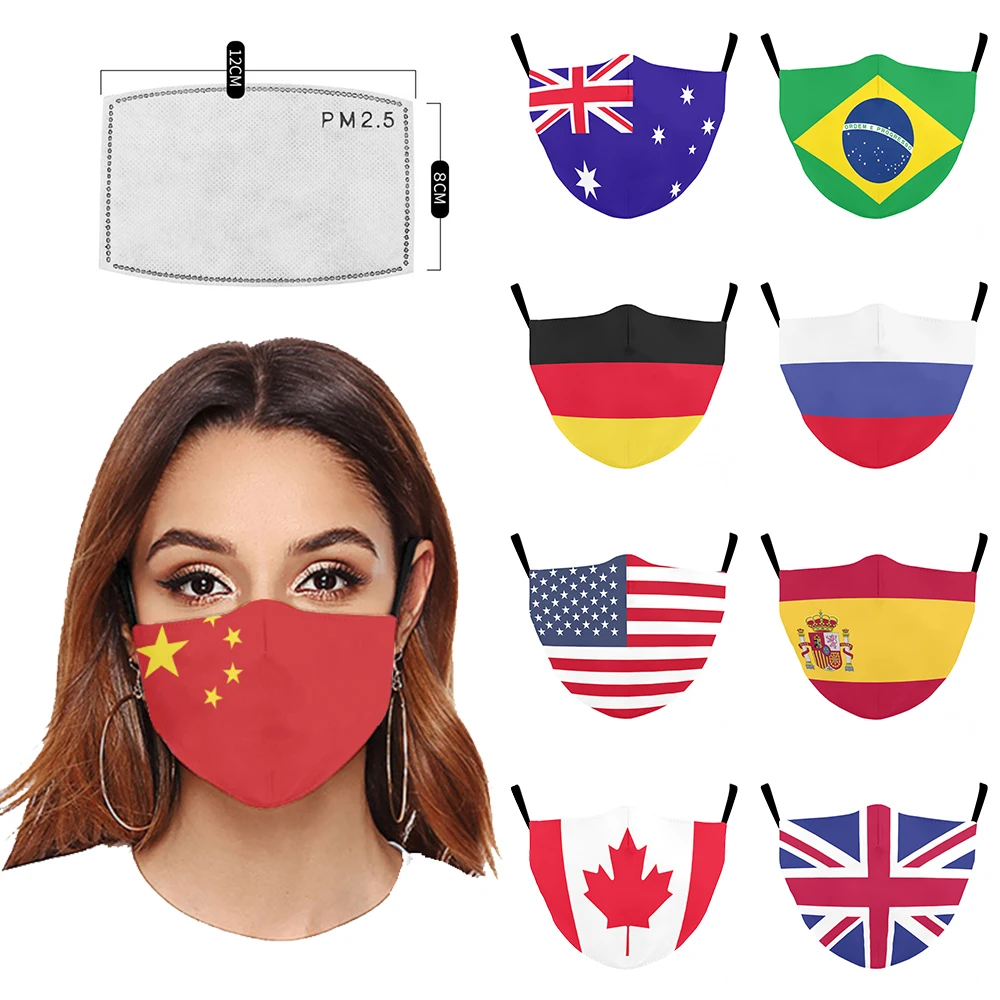 

Fashion Adult Mask With National Flag Reusable Cotton PM2.5 Filter Mouth Cover Cycling Dustproof Windproof Face Covering Mask