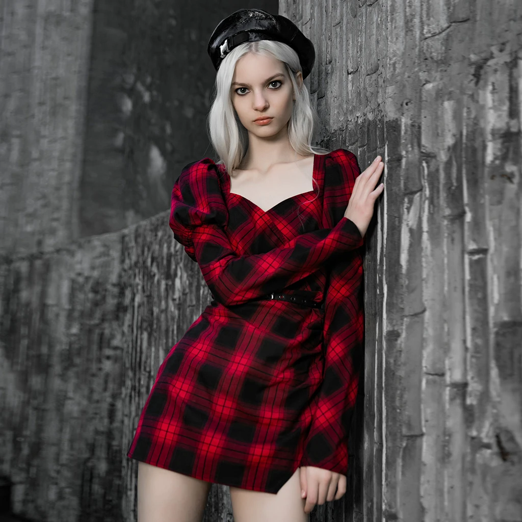 PUNKRAVE Women's Punk Style Plaid Princess Sleeves Half Dress Sweet Elegant Detachable Corn-eye Belt Long Sleeve Short Dresses
PUNKRAVE Women's Punk Style Plaid Princess Sleeves Half Dress Sweet Elegant Detachable Corn-eye Belt Long Sleeve Short Dresses