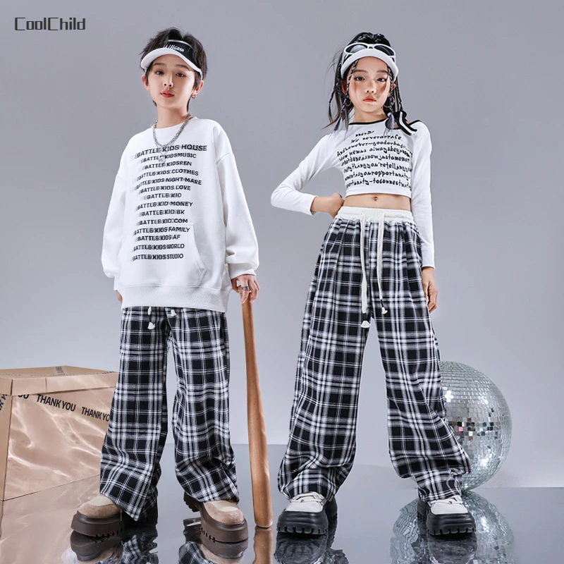 

Boys Hip Hop Letters Sweatshirt Plaid Pants Girls Crop Top Sweatpants Children Street Dance Clothes Set Kids Jazz Streetwear