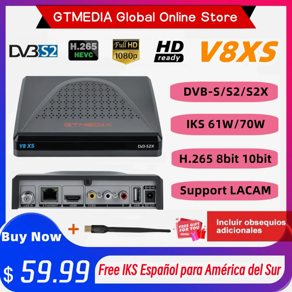 

GTMEDIA V8XS LAcam DVB-S/S2/S2X Support 61W,70W IKS With Spanish CH Free For Life,Smart CA Card,H.265 10bit,CCAM/M3U TV Receiver