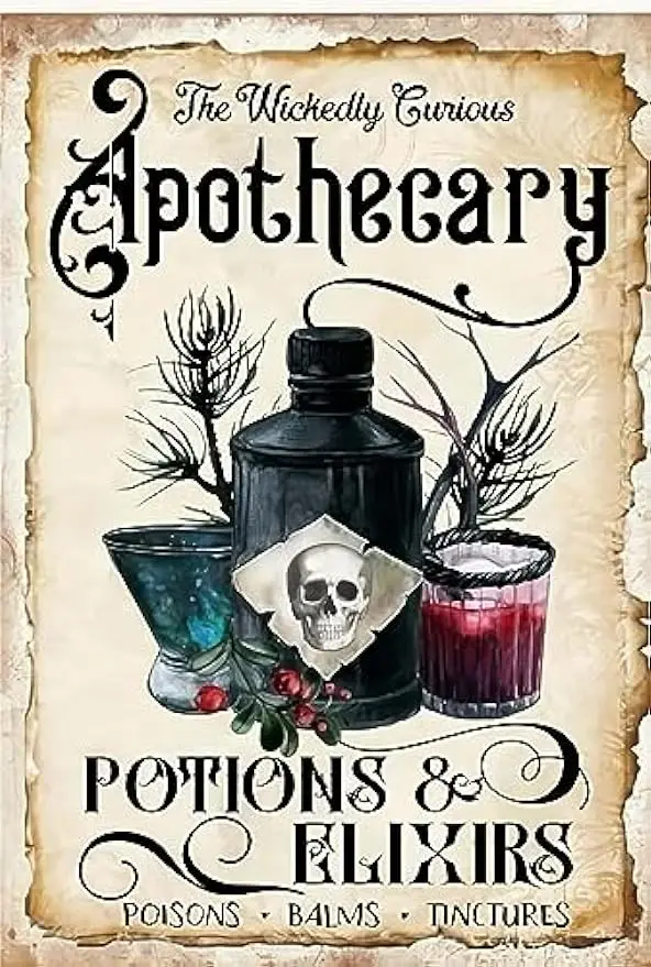 

Halloween Apothecary Tin Sign Potions Elixirs Spells Sign Vintage Gothic Witchy Metal Logo Cafe bar Home Wall Art Decoration